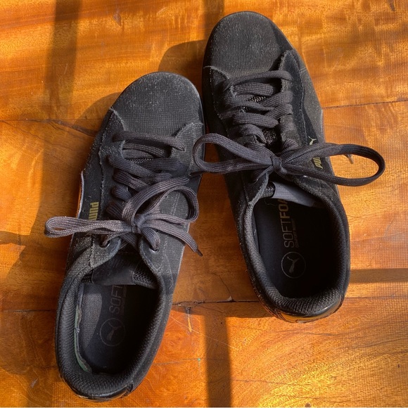 Puma Vikky Black Suede Platform Sneaker, Patent Leather & Gold Detailing, Size 8 - Picture 6 of 11